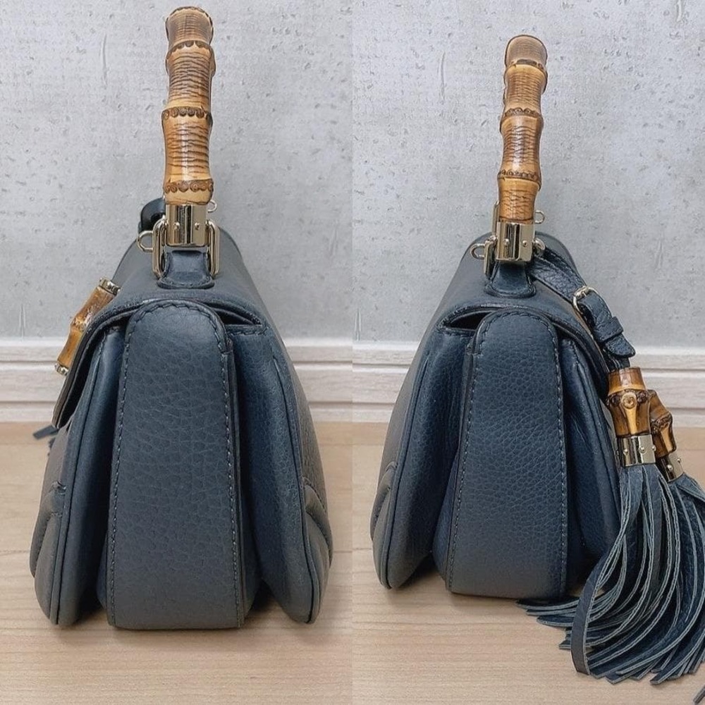 GUCCI Bamboo Handbag Shoulder Bag Leather Tassel Turnlock Closure Mirror - Picture 4 of 10